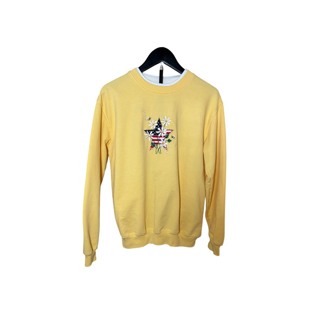 Country Store Yellow Embroidered Star Daisy Sweatshirt Womens M Patriotic